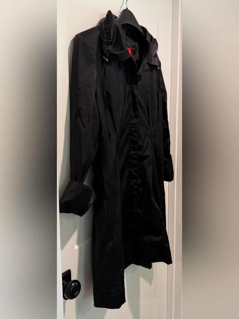 ELLE Black Satin Sheen Hooded Trench Coat Jacket Size L Lightweight Longline - Picture 4 of 9
